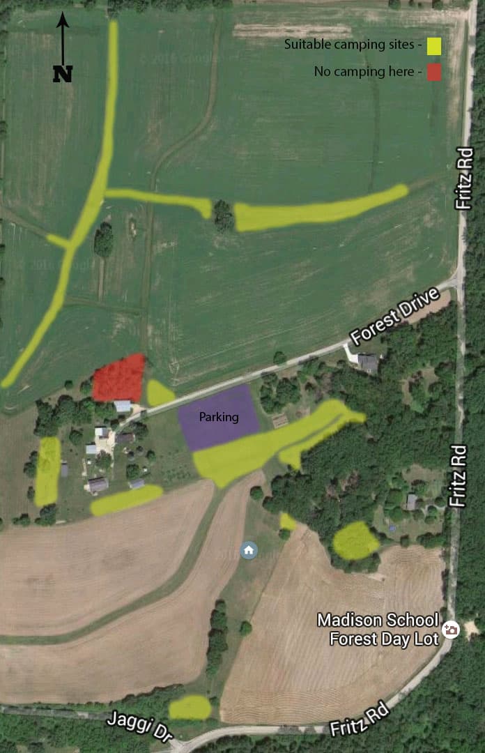Map of the farm showing mowed camping areas and the no-camping zone.